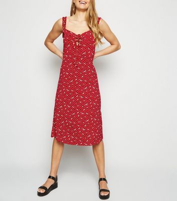 Red Ditsy Floral Lace Up Jersey Midi ...
